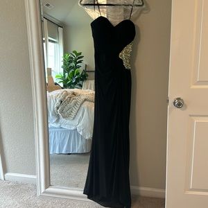 Long black strapless prom dress